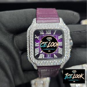 ICE LOOK Luxury Square Quartz Watch With Diamond Bezel Purple Leather Band Date Display Stainless Steel Case 38mm Unisex - Product Image 1