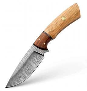 Couteau de camping artisanal en acier Damas, manche en bois bicolore, mosaïque de clous - Product Image 6