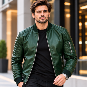 Chaqueta Bomber de Cuero Verde para Hombre con Mangas Acolchadas y Cierres Metálicos - Product Image 1