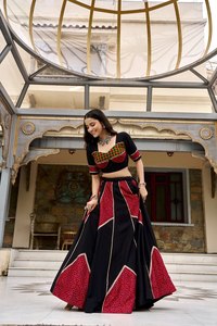 <b>Black</b> Banarashi Silk <b>Floor</b>-<b>Length</b> Quick Dry Lehenga Choli Printed <b>Mirror</b> Work Traditional Indian Outfit Wedding Party Wear for - Product Image 3
