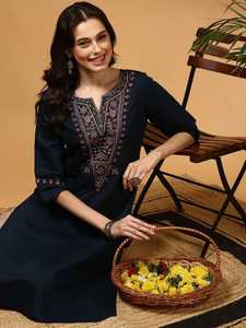 Women Navy Blue Embroidered Work Viscose Rayon Kurtis Midi Length Loose Fit Traditional Indian Pakistani Casual Wear Kurtis - Product Image 3