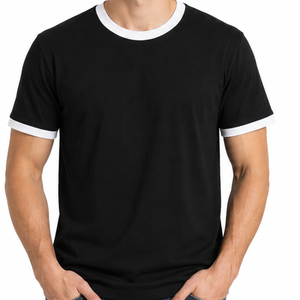 Camiseta Ringer para Hombre con Logotipo Personalizado, Cuello Redondo Acanalado con Ribete en Contraste, Manga Corta, Color Negro Liso - Product Image 2