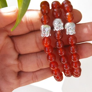 Bracelet en perles d'agate rouge avec têtes de Bouddha plaquées argent, bijoux religieux unisexes, cadeau - Product Image 2