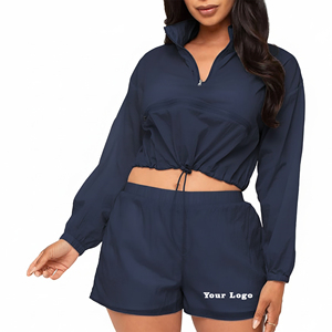 Wholesale Affordable Price Lightweight 2 Piece Crop top Jacket & Short Set 100% Nylon <b>Hip</b> Gym Wear Summer Tracksuit <b>For</b> Women - Product Image 4