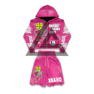 Streetwear Custom Men <b>Two</b> Piece Set Heavyweight Rhinestone Printed Zip-Up Hoodie and <b>Double</b> Waist Shorts for Men 2026 - Product Image 5