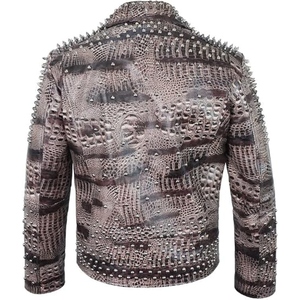 Men's Crocodile Embossed Genuine Leather Motorcycle <b>Jacket</b> <b>Punk</b> Studded Rivet Biker <b>Jacket</b> Custom OEM Leather <b>Jacket</b> - Product Image 3