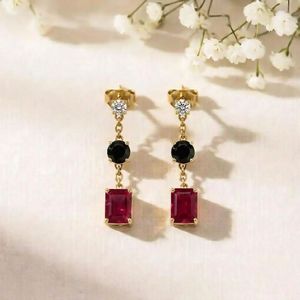 Ruby & <b>Black</b> Obsidian <b>Earrings</b> Rectangle Cut Drop Dangle CZ Accent <b>Stud</b> <b>Earrings</b> Minimalist Jewelry Gift For Her Elegant Style - Product Image 1