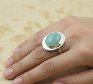Topquality Amazonite Gemstone <b>Ring</b> 925 Sterling Silver Brass Ball Detail Rose Gold Yellow Gold Plated Handmade <b>Statement</b> Jewelry - Product Image 2