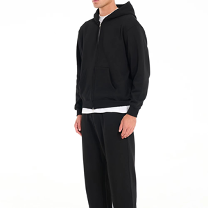 <b>Men's</b> Black Hooded Zip-Up Sweatshirt Full Sleeve Solid Color Casual Tracksuit Top with Side Pockets Regular Fit Midweight Cotton - Product Image 1