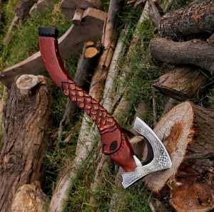 Wholesale Handmade Custom Premium High Carbon Steel Viking <b>Axe</b> with Hand Carved <b>Wooden</b> Handle Leather Grip Fine Leather Sheath - Product Image 2