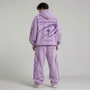 Ensemble de survêtement pour homme, violet, coupe oversize, en coton épais, avec sweat à capuche et pantalon de jogging, style streetwear, personnalisable avec marque privée - Product Image 2