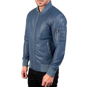 Blue <b>Leather</b> Bomber <b>Jacket</b> For step up your style game this season with our Blue <b>Leather</b> Bomber <b>Jacket</b> for Men MADE BY HAIDIIII - Product Image 1
