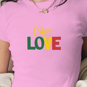 Camiseta Corta de Moda para Mujer, Estilo Y2K, con Estampado de Tipografía Reggae, Ajustada, Tejida, One Love - Product Image 3