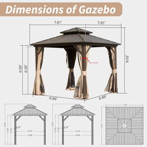 Pergola et gazebo permanents 8 x 8 en aluminium à toit rigide, avec double toit en acier galvanisé et moustiquaire intégrée - Product Image 6