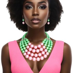 Ensemble collier et boucles d'oreilles en perles roses et vertes pour femme, bijoux fantaisie à grosses perles, collier tendance, accessoire de fête, cadeau - Product Image 4