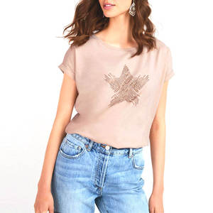 Women's Beige Star Print Short Sleeve T-Shirt O-Neck Loose Fit Casual Jersey Spring Summer Cotton <b>Top</b> - Product Image 4