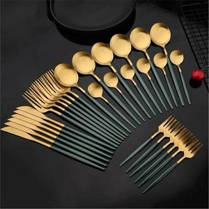 Juego de Cubiertos Modernos de Lujo en Acero Inoxidable con Acabado Dorado Mate, Juego de Cubiertos con Mango Verde, Vajilla, Utensilios de Cocina, para Uso en Hoteles - Product Image 1