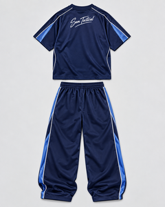 Ensemble de survêtement tactique Sam pour homme, bleu marine, manches courtes, col rond, coupe ample, streetwear avec pantalon à cordon de serrage et poches latérales - Product Image 3
