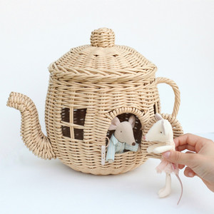 Factory price natural kids toy handmade wood playhouse rattan <b>teapot</b> house ready to export - Product Image 4