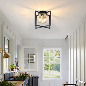Lampadario a 3 Luci Semi-Incasso Nero e Oro con Paralume Geometrico in Metallo, Stile Industriale Rustico, Luce da Soffitto 6000K AC - Product Image 4