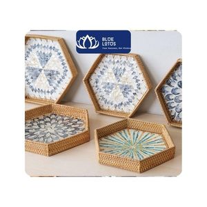 ถาดหวายสี่เหลี่ยมลายบลูโลตัสประดับมุก ดีไซน์เอเชียสไตล์เซน สำหรับตกแต่งบ้าน ขายดี - Product Image 1