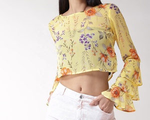 Blouse à imprimé floral d'automne ODM 2026 pour femmes, grande taille, col en V, manches longues, style bohème, crop top avec décoration à motifs - Product Image 3