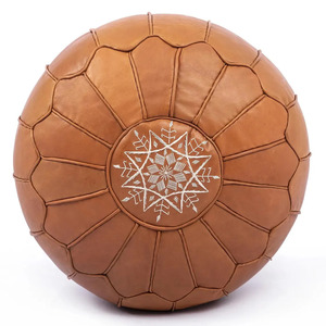 Tan Modern Leather Adjustable Pouf Ottoman Handcrafted Floor Cushion Embroidered Pattern Decorative Seating for Hotel Apartment - Product Image 2