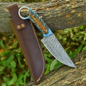 Couteau à Découper en Acier Damas Forgé à la Main, Manche en Cône de Pin, Lame Fixe Entièrement Intégrée, Couteau à Anneau de Doigt avec Étui en Cuir, Personnalisé OEM - Product Image 3