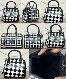 March Expo Checkered Pattern Genuine Cowhide Leather Speedy Bag with Turquoise Concho Personalised <b>Small</b> Shoulder Bag for Unisex - Product Image 3