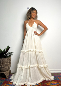 Wholesale Women's Ethereal White Maxi Dress Tiered Ruffle Organic Cotton Eco-Friendly Vintage Bohemian V-Neck Raw Dress Dress - Product Image 4