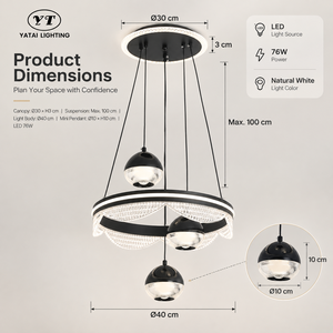 Lustre moderne en métal noir et acrylique avec anneau LED 76W et trois températures de couleur pour salon et salle à manger - Product Image 3