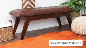 Banc d'entrée/chambre moderne en cuir marron et bois de teck de 49 pouces, banc rembourré en bois pour couloir, disponible en gros - Product Image 3