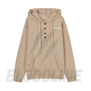Sweat-shirt à capuche unisexe Bloodline, col boutonné, coupe ample, noir uni, coton French Terry, décontracté, pour l'automne - Product Image 3