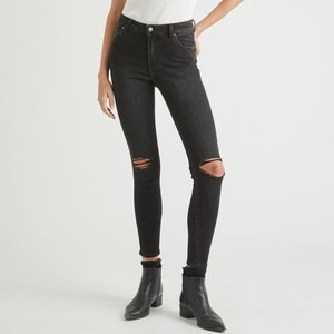 Jean en coton extensible noir déchiré taille mi-haute coupe droite respirant et écologique pour femme, grande taille, longueur intégrale, idéal pour l'hiver - Product Image 2