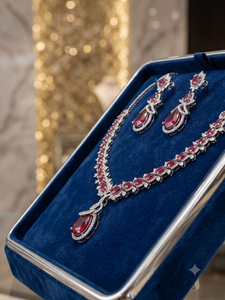 Luxury Silver Plated American Diamond <b>Ruby</b> Red Stone Pendant <b>Necklace</b> Set for Women Designer Wedding Party Wear Jewelry Gift - Product Image 3