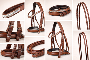 Brida de lujo para caballo color marrón con costuras decorativas blancas y ribete negro | Equipo de Equitación para Entrenamiento de Doma Clásica en Colores Personalizables - Product Image 6