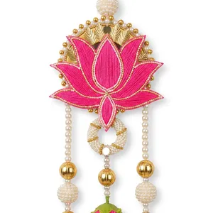 Décoration murale florale de lotus rose avec des cordes de perles, des pompons à perles dorées, décoration bohème pour mariage, salon intérieur - Product Image 2