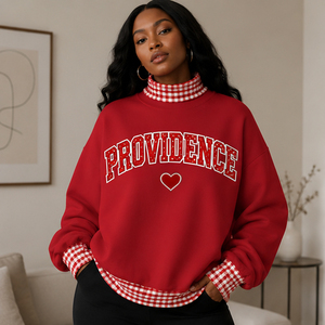 Sweat-shirt personnalisé de haute qualité pour femme, avec ourlet imprimé à carreaux jaunes contrastants, col en V arqué, imprimé universitaire, pull en polaire pour l'automne - Product Image 1