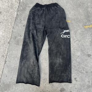 Circ Men's Black Sand Wash Sweatpants Elastic Waist Wide Leg Casual Joggers Heat Transfer Logo Right Leg Autumn Wear - Product Image 3