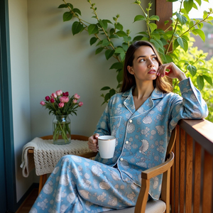 Ethereal Azure Celebration Ensemble de pyjama oiseau bleu fabriqué à la main pour femmes Chemise à manches longues et pantalon pour vêtements de nuit Dreamy Nights - Product Image 6