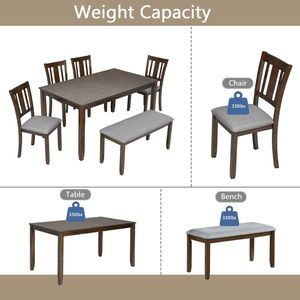 Juego de Comedor de 6 Piezas, Mesa Rectangular de Madera con 4 Sillas Tapizadas y Banco para 6 Personas, Elegante Juego de Comedor - Product Image 5
