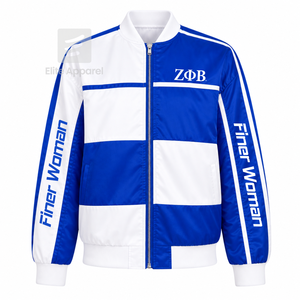 Chaqueta cortavientos personalizada de la hermandad Zeta Phi Beta con logo bordado en azul y blanco, estilo casual para mujer con forro de poliéster. - Product Image 1