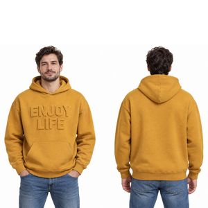 Sudadera con capucha color mostaza para hombre, con estampado en relieve Enjoy Life, estilo casual, corte regular, para uso diario. - Product Image 3