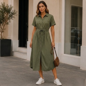 Vestido Camisero de Chambray con Cinturón, Manga Corta, Maxi, Casual, Verano, Cuello con Solapa, Dobladillo Recto, Corte Holgado - Product Image 6