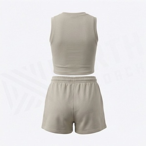 Conjunto de 2 Piezas para Mujer, Top Corto sin Mangas de Punto de Color Sólido y Pantalones Cortos por Encima de la Rodilla, Cuello Redondo, Ropa Deportiva Informal para Primavera/Verano - Product Image 2