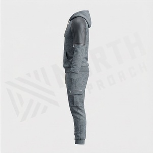Ensemble de survêtement gris à capuche pour homme, décontracté, manches longues, couleur unie, polyester et coton, avec poches latérales, pour l'automne - Product Image 3