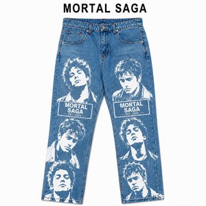 MORTAL SAGA Pantalones Formales de Algodón y Lona Desgastados para Hombre, de Cintura Media, con Estampado Rasgado, Estilo Invernal, Cierre de Botones, Peso Medio - Product Image 2