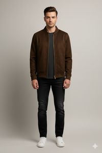 Chaqueta de Invierno para Hombre Vivouge Industries, Envío Inmediato, Gamuza Marrón, Cuero Genuino, Estilo Vintage, Cierre de Cremallera, Cuello Mao, Impermeable - Product Image 5