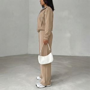 Trending Unisex <b>Beige</b> Tracksuit Stylish Drawstring <b>Jacket</b> Wide-leg Pants Contrast Piping 100% Cotton Heavyweight for High Street - Product Image 1