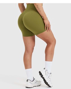 Shorts unisexe vert olive personnalisés, taille haute, pour femme, avec ceinture compressive et performance anti-transpiration - Product Image 3